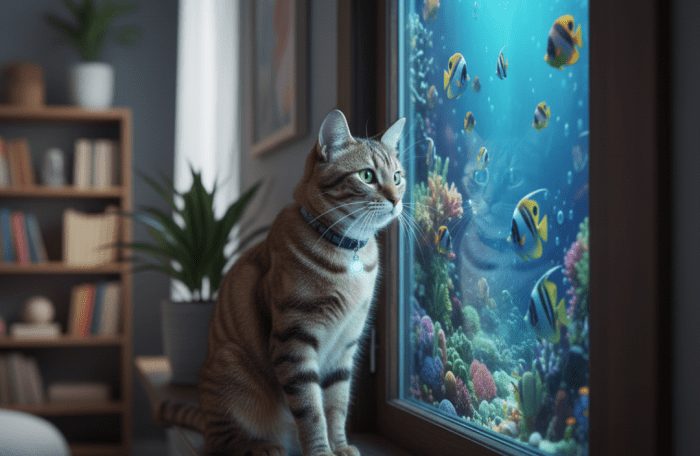 Chat devant une fenêtre digitale